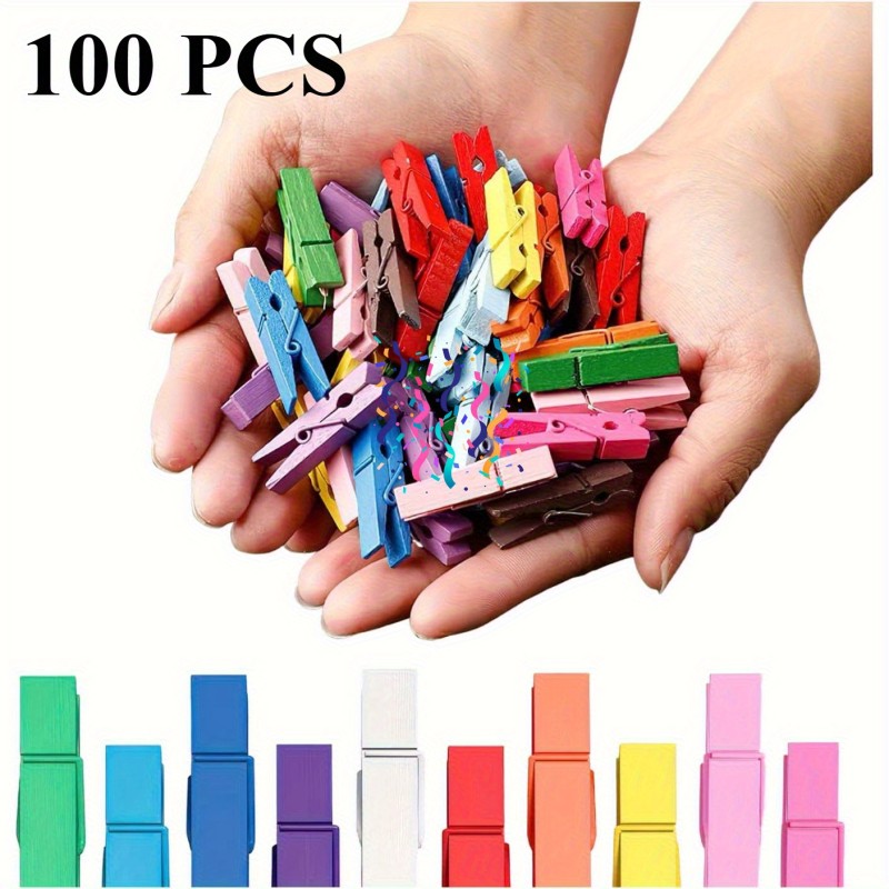 100 Mini Clips, 1.18-Inch Natural Birch, Colorful Spring Clips for Photos, Crafts, Art, with Storage Bag Included