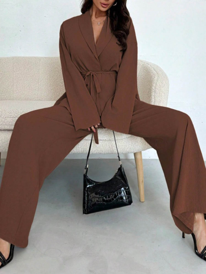 Tied Waist Solid Color Wide Leg Long Sleeves V-Neck Suits