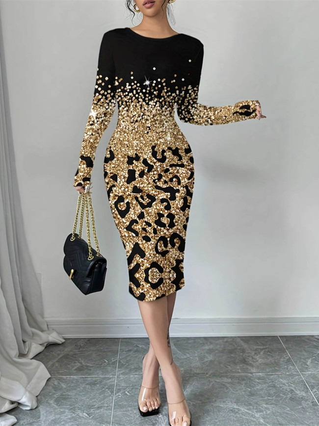 Split-Joint Shiny Leopard Contrast Color Long Sleeves Bodycon Round-Neck Midi Dresses
