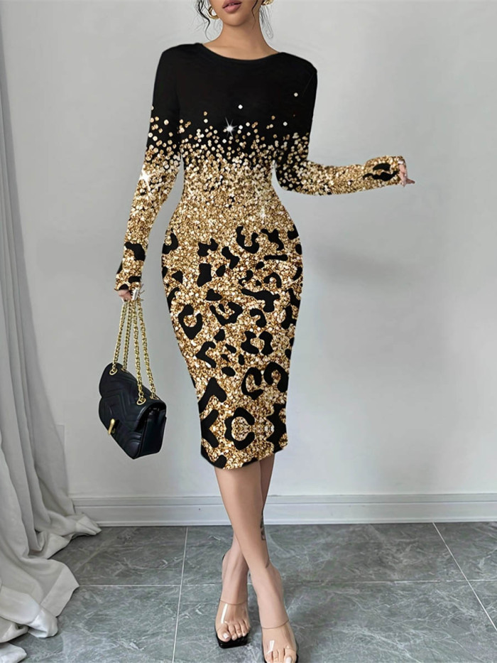 Split-Joint Shiny Leopard Contrast Color Long Sleeves Bodycon Round-Neck Midi Dresses