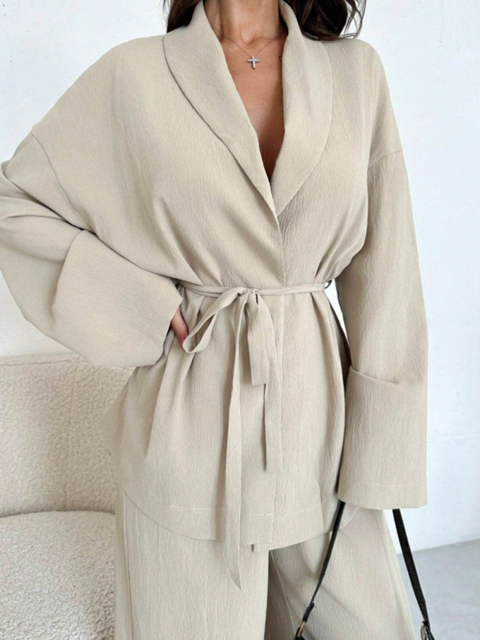 Tied Waist Solid Color Wide Leg Long Sleeves V-Neck Suits