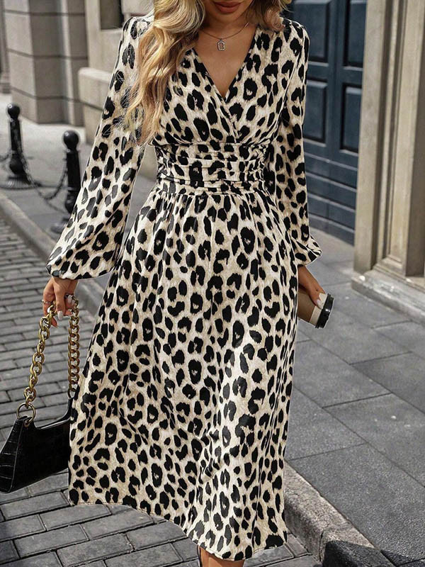 Split-Joint Pleated Leopard Contrast Color Loose Long Sleeves V-Neck Maxi Dresses