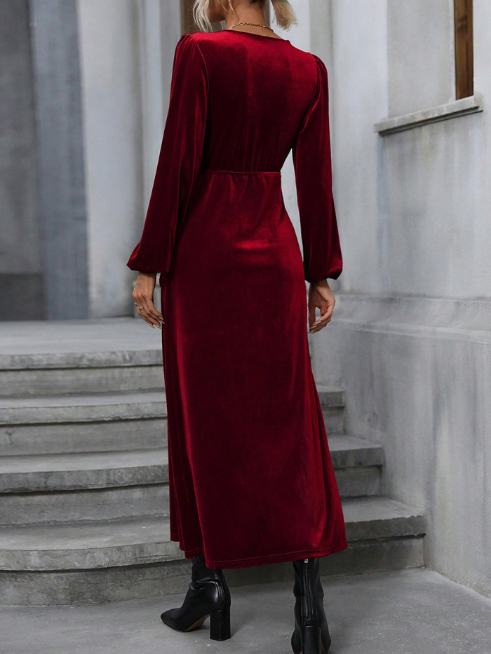 Velvet Tied Waist Split-Side Solid Color Puff Sleeves Long Sleeves Deep V-Neck Maxi Dresses