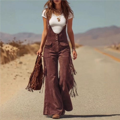 Western Vintage Suede Tassel Hollow Out Jumpsuit