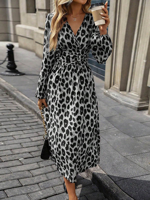 Split-Joint Pleated Leopard Contrast Color Loose Long Sleeves V-Neck Maxi Dresses