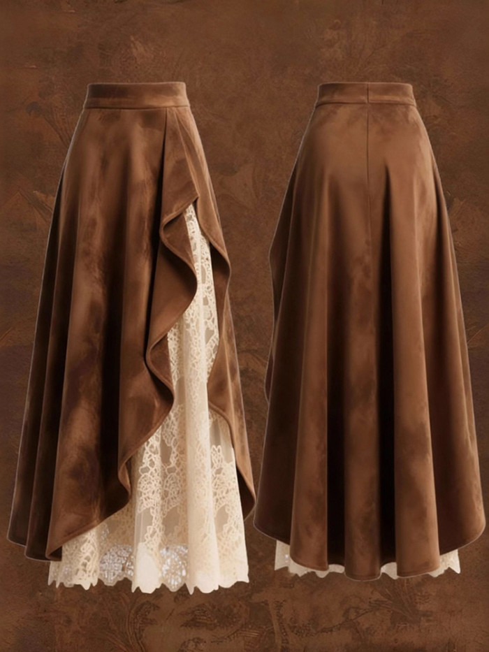 Western Vintage Brown Suede Lace A-Line Midi Skirt