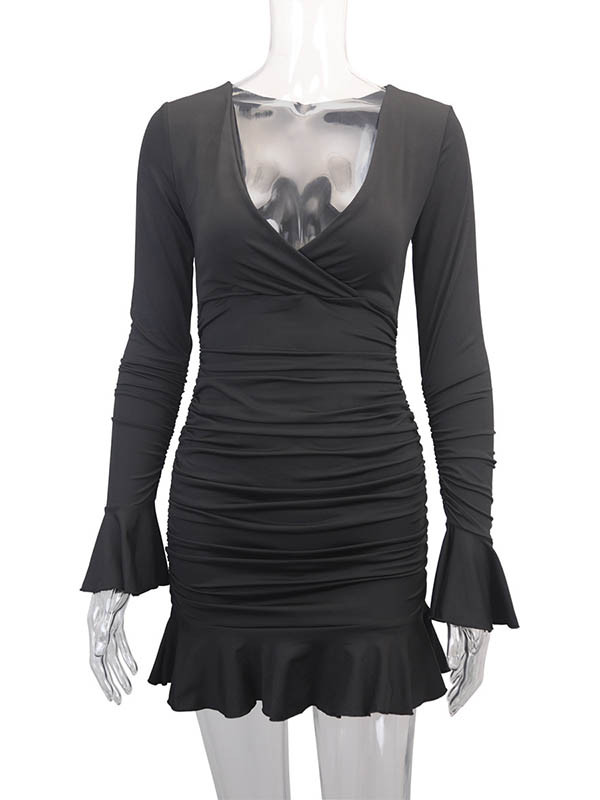 Split-Joint Solid Color Ruffled Pleated Ruffle Sleeves Long Sleeves V-Neck Midi Dresses