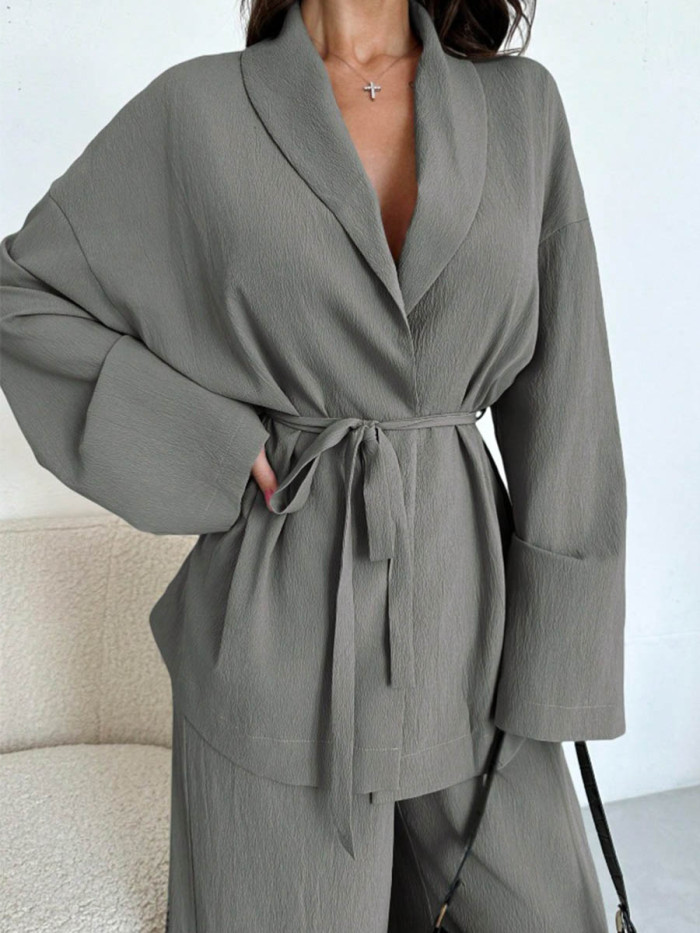 Tied Waist Solid Color Wide Leg Long Sleeves V-Neck Suits