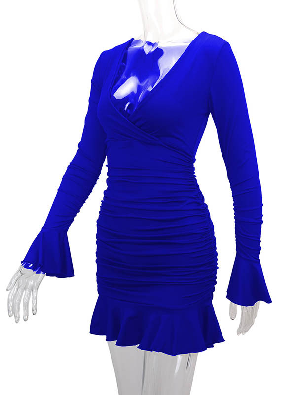 Split-Joint Solid Color Ruffled Pleated Ruffle Sleeves Long Sleeves V-Neck Midi Dresses