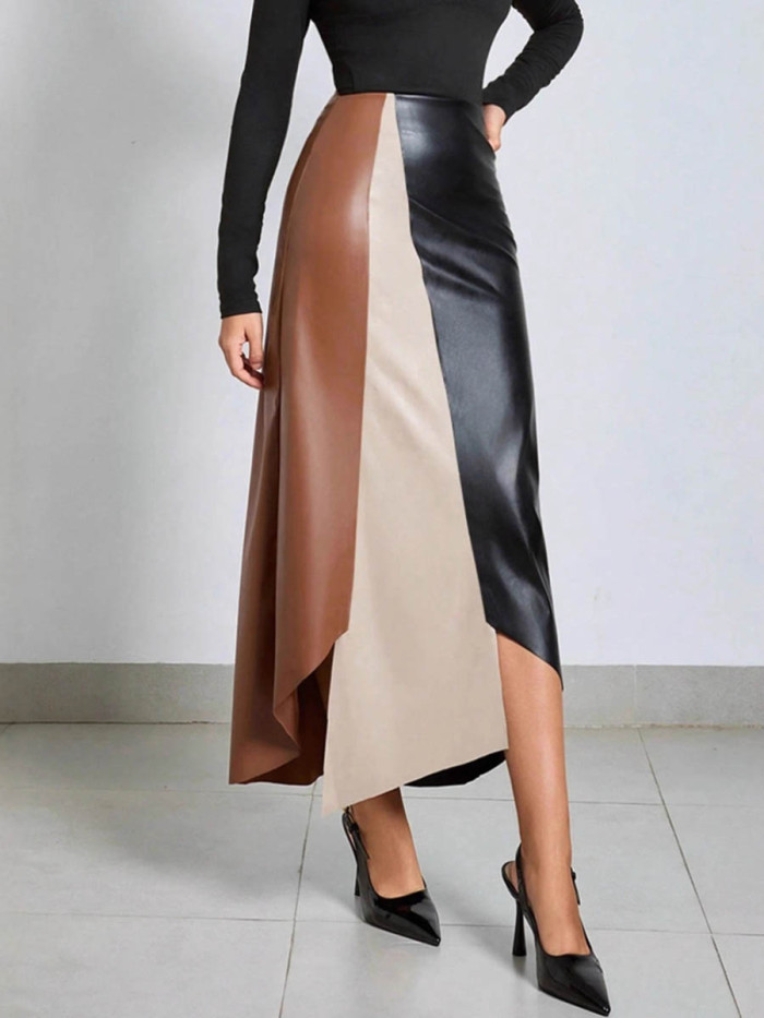Split-Side Split-Joint Contrast Color Asymmetric Skinny Irregularity Skirts Bottoms