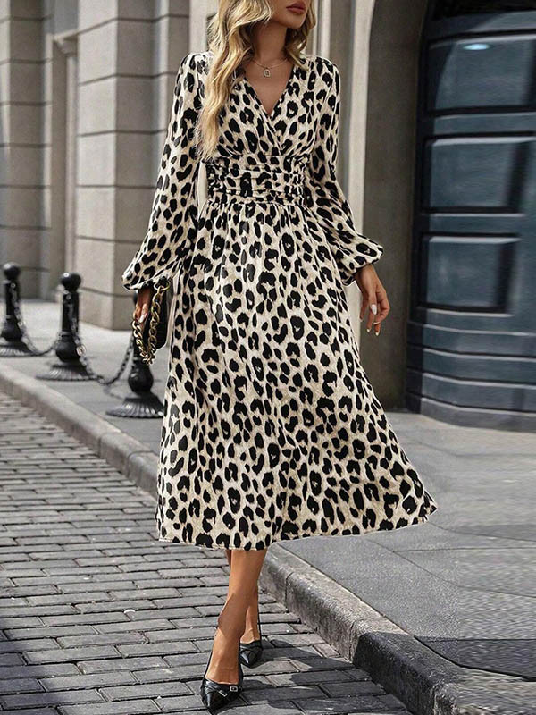 Split-Joint Pleated Leopard Contrast Color Loose Long Sleeves V-Neck Maxi Dresses
