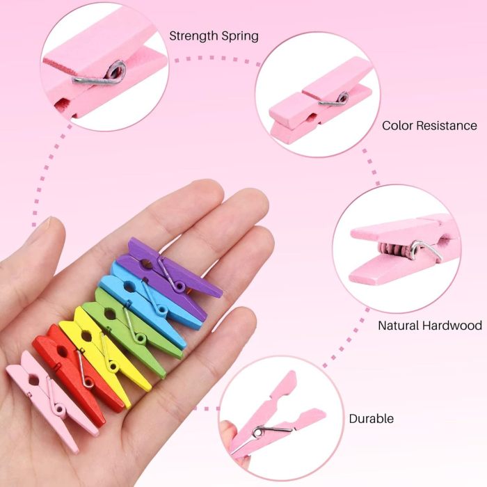 100 Mini Clips, 1.18-Inch Natural Birch, Colorful Spring Clips for Photos, Crafts, Art, with Storage Bag Included