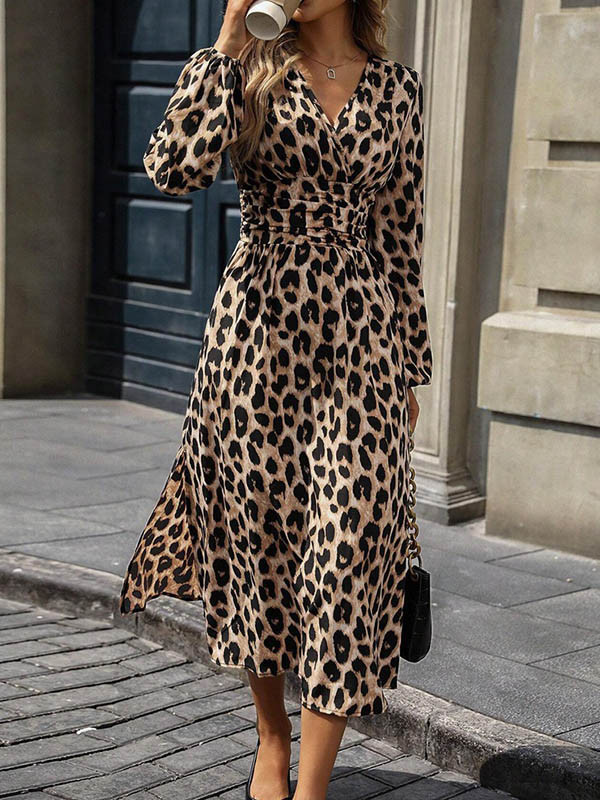 Split-Joint Pleated Leopard Contrast Color Loose Long Sleeves V-Neck Maxi Dresses