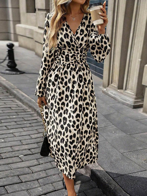 Split-Joint Pleated Leopard Contrast Color Loose Long Sleeves V-Neck Maxi Dresses