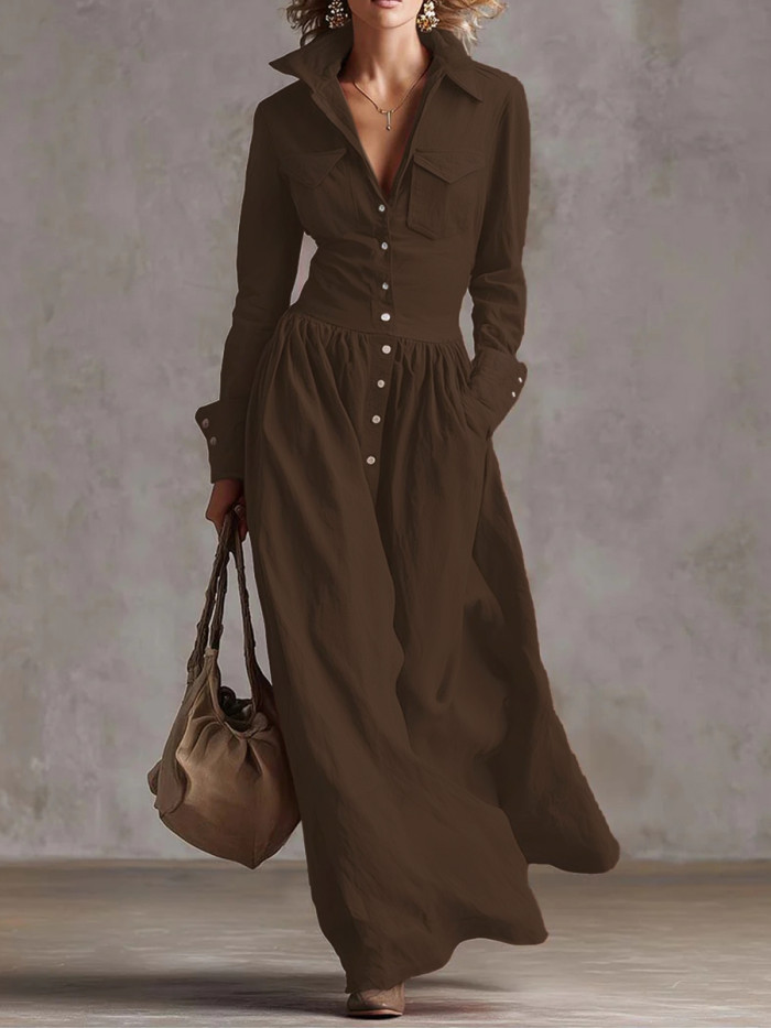 Split-Joint Solid Color Pockets Pleated Buttoned Long Sleeves High Waisted Lapel Maxi Dresses