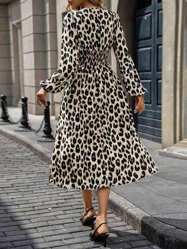 Split-Joint Pleated Leopard Contrast Color Loose Long Sleeves V-Neck Maxi Dresses