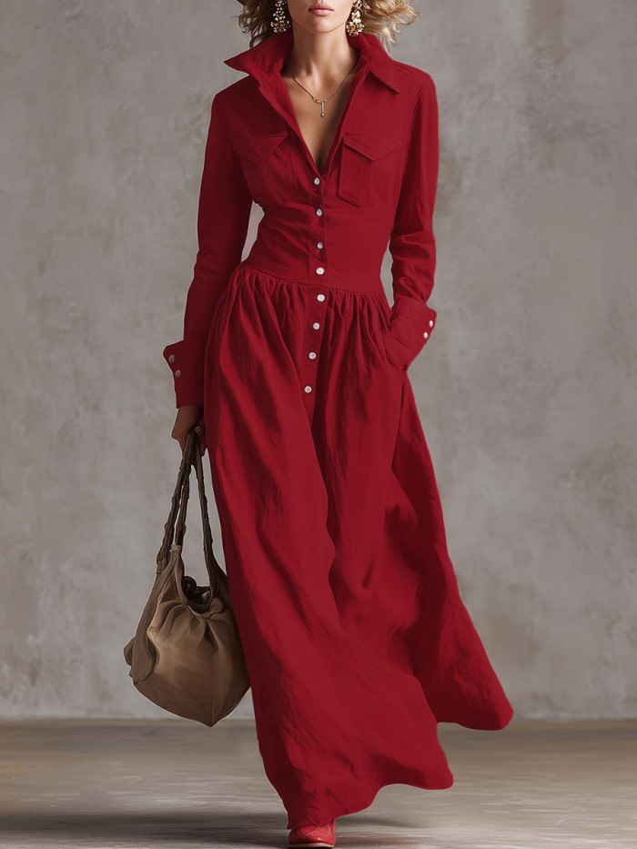 Split-Joint Solid Color Pockets Pleated Buttoned Long Sleeves High Waisted Lapel Maxi Dresses