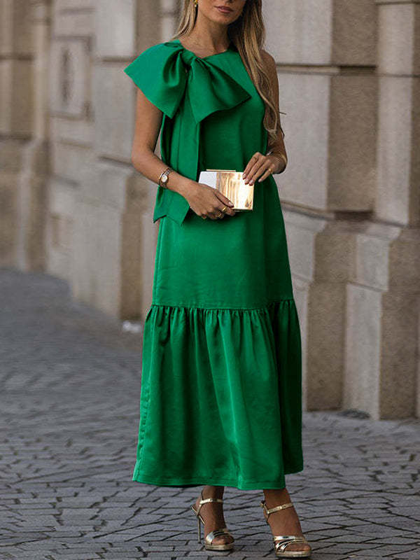 Sleeveless Bowknot Pleated Split-Joint Round-Neck Maxi Dresses