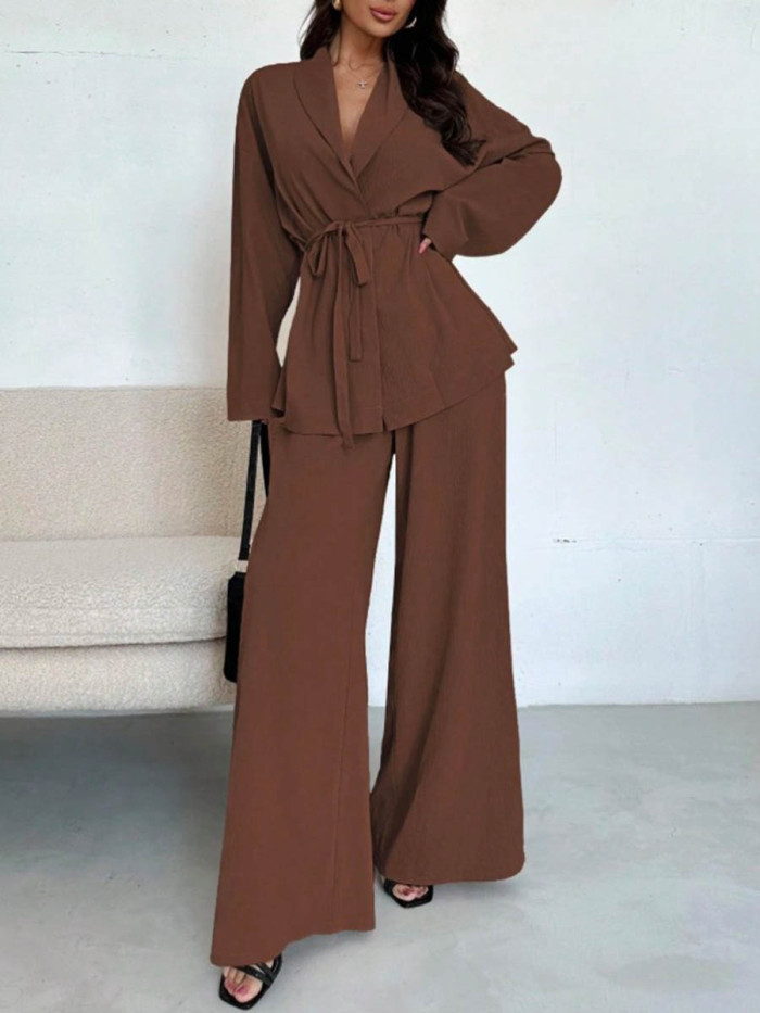 Tied Waist Solid Color Wide Leg Long Sleeves V-Neck Suits