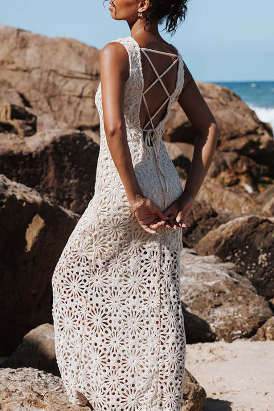 Effortlessly Chic Crochet Lace Floral Pattern Backless Lace-up Vacation Maxi Dress
