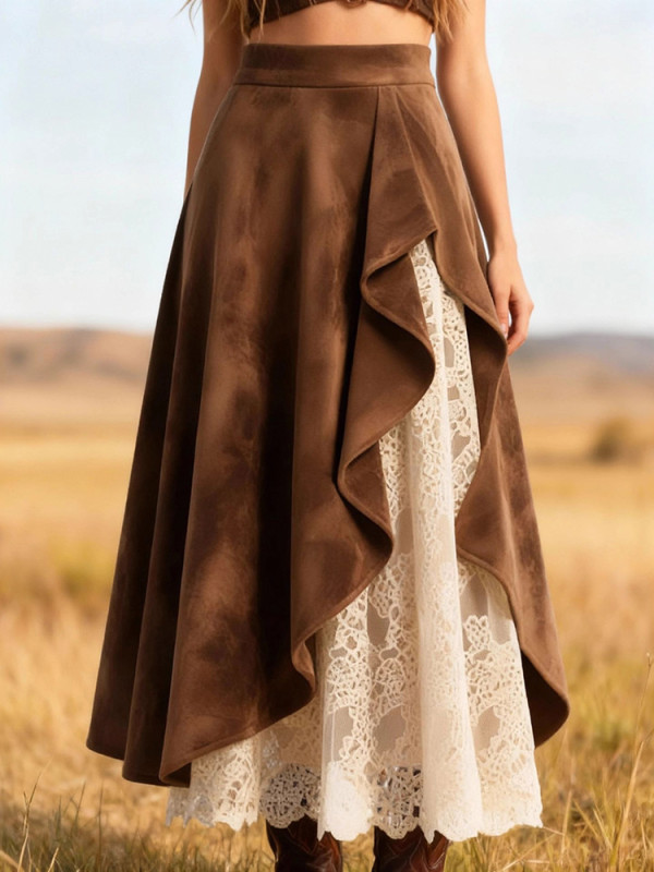 Western Vintage Brown Suede Lace A-Line Midi Skirt