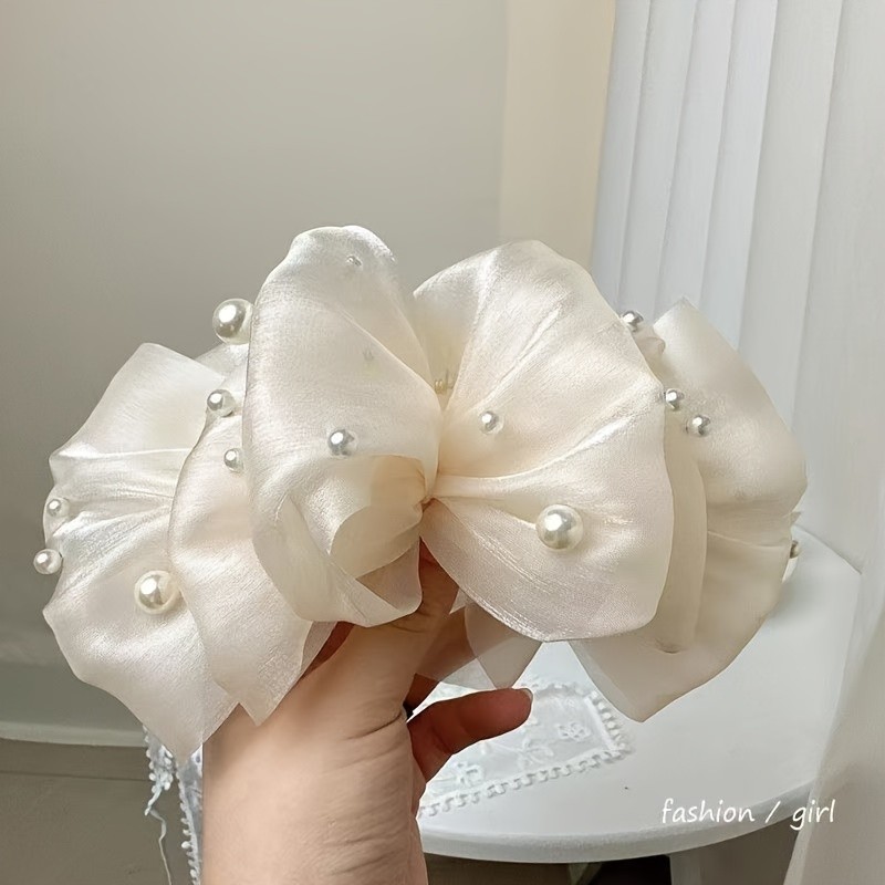 New Bubble Mesh Imitation Pearl Hair Claw with Bow, Large Size Elegant Multi-Layer Shark Clip for Women