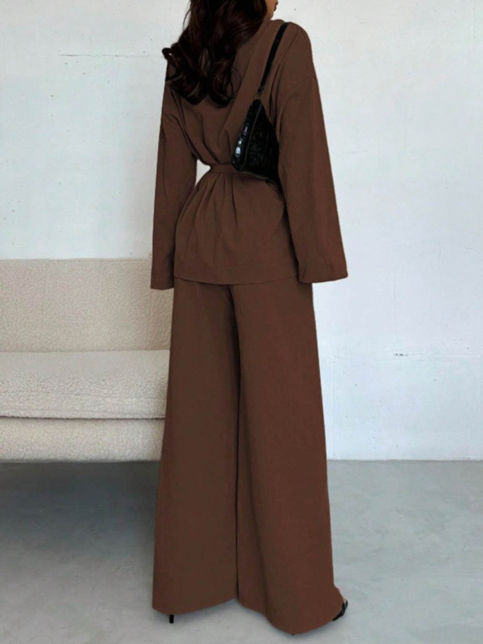 Tied Waist Solid Color Wide Leg Long Sleeves V-Neck Suits
