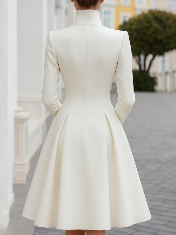 Solid Color Pockets Pleated Buttoned Long Sleeves High Waisted Stand Collar Overcoat Midi Dresses