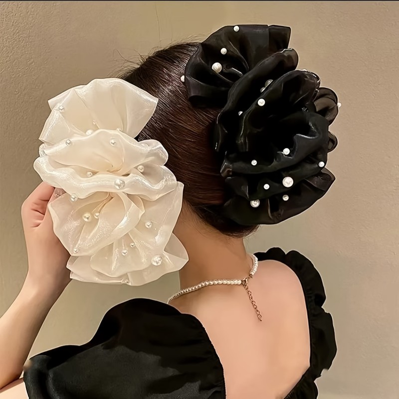 New Bubble Mesh Imitation Pearl Hair Claw with Bow, Large Size Elegant Multi-Layer Shark Clip for Women