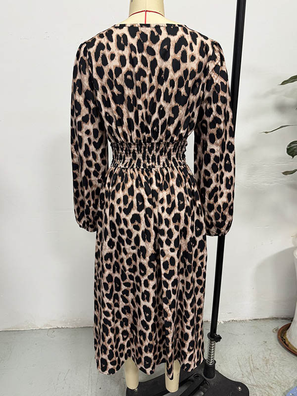 Split-Joint Pleated Leopard Contrast Color Loose Long Sleeves V-Neck Maxi Dresses