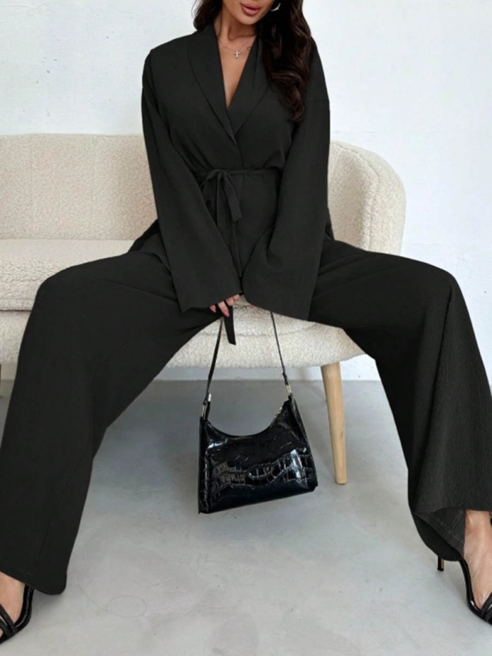 Tied Waist Solid Color Wide Leg Long Sleeves V-Neck Suits