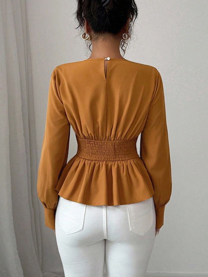 Solid Color Ruffled Pleated Asymmetric Skinny Puff Sleeves Round-Neck Blouses&Shirts Tops