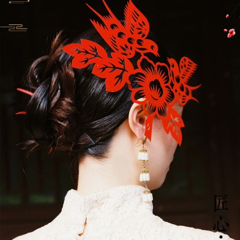 2pcs Exquisite vintage Paper Cuttings | Red Magpie Flower Hair Additions