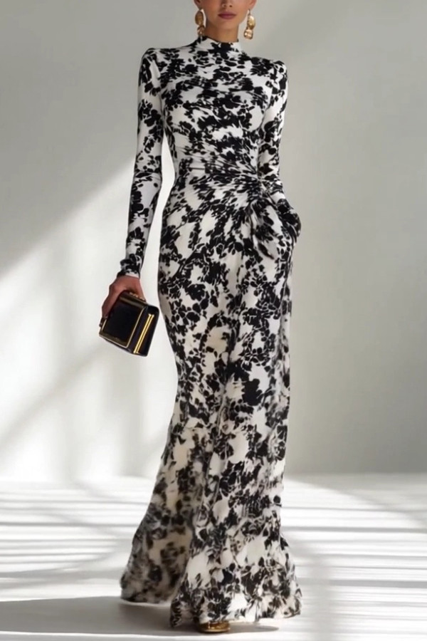 Black and White Color-blocked Printed Long-sleeved Pocket Slim-fit Pleated Maxi Dress
