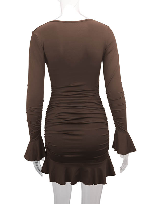 Split-Joint Solid Color Ruffled Pleated Ruffle Sleeves Long Sleeves V-Neck Midi Dresses