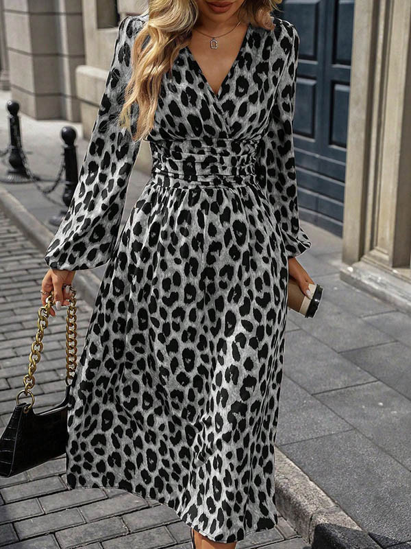 Split-Joint Pleated Leopard Contrast Color Loose Long Sleeves V-Neck Maxi Dresses
