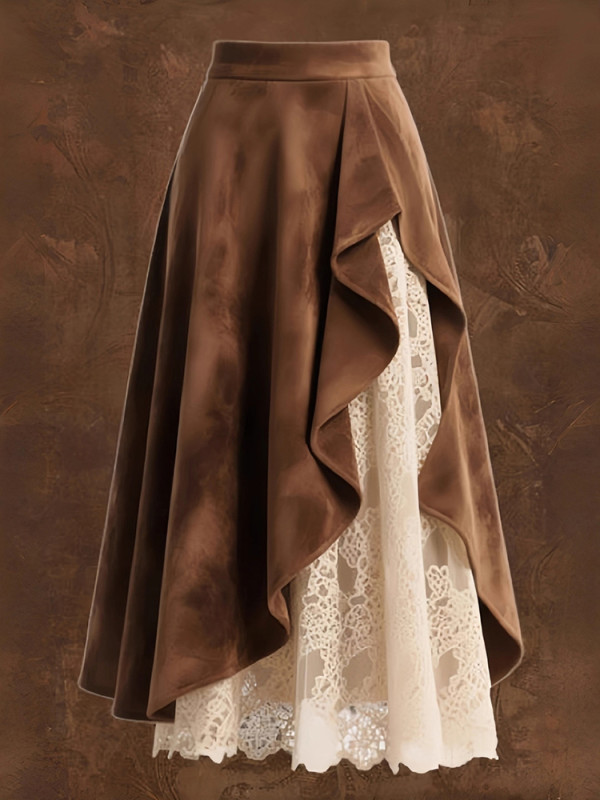 Western Vintage Brown Suede Lace A-Line Midi Skirt