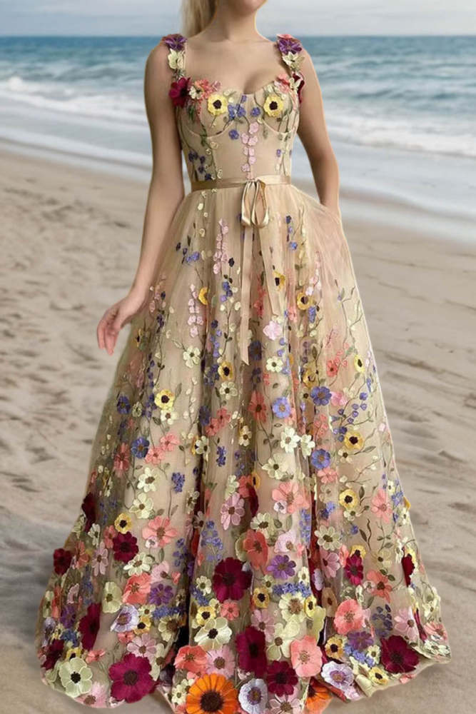 3D Floral Embellished Maxi Dress Suspender  Maxi Dresses