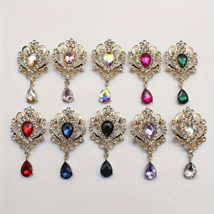 Vintage Rhinestone Removable Brooch Set| 10pcs Teardrop Accessory Parts, Versatile Clothing Embellishment, DIY Handmade Decor Material
