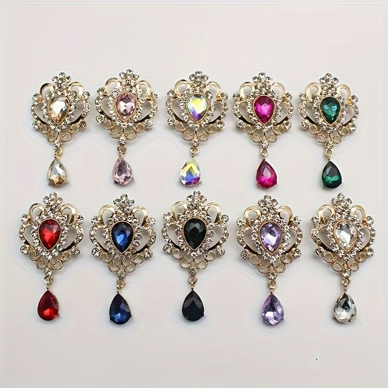 Vintage Rhinestone Removable Brooch Set| 10pcs Teardrop Accessory Parts, Versatile Clothing Embellishment, DIY Handmade Decor Material