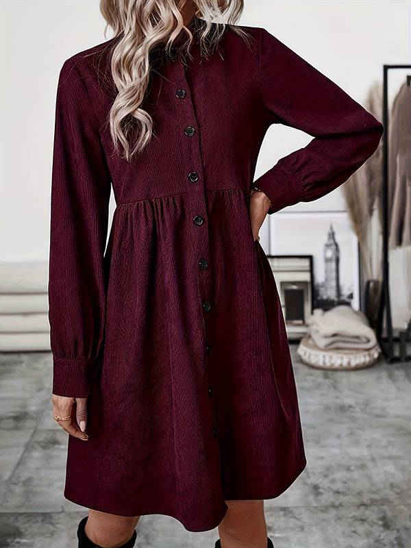 Split-Joint Solid Color Pleated Buttoned Belted Puff Sleeves Long Sleeves Stand Collar Shirt Dress Midi Dresses