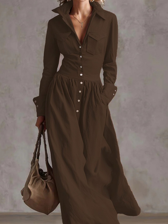 Split-Joint Solid Color Pockets Pleated Buttoned Long Sleeves High Waisted Lapel Maxi Dresses