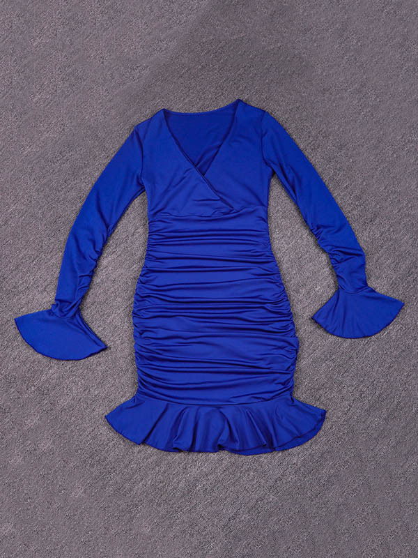 Split-Joint Solid Color Ruffled Pleated Ruffle Sleeves Long Sleeves V-Neck Midi Dresses