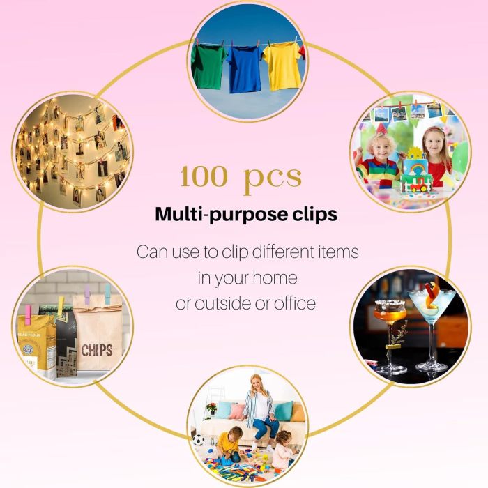 100 Mini Clips, 1.18-Inch Natural Birch, Colorful Spring Clips for Photos, Crafts, Art, with Storage Bag Included