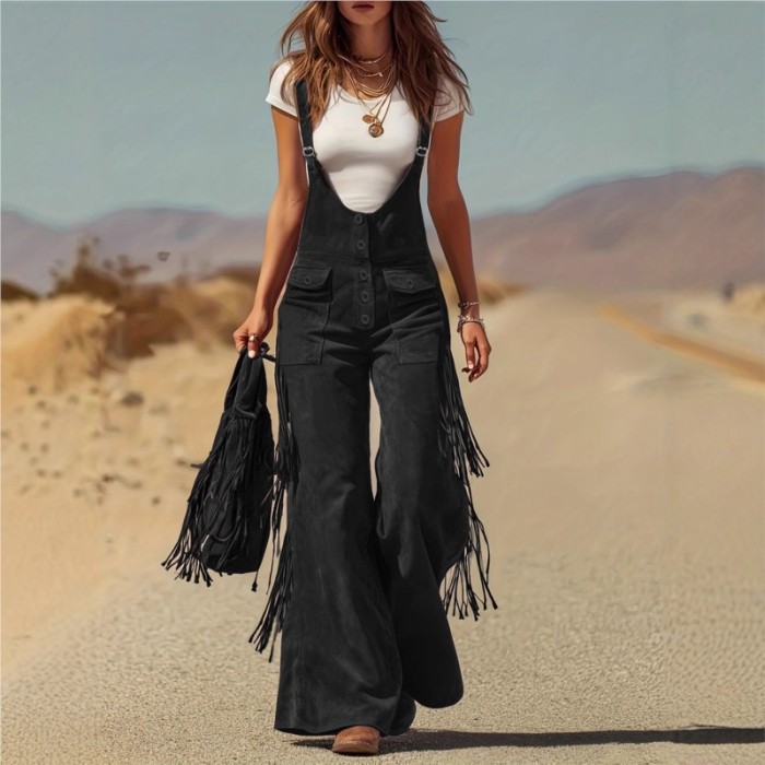 Western Vintage Suede Tassel Hollow Out Jumpsuit