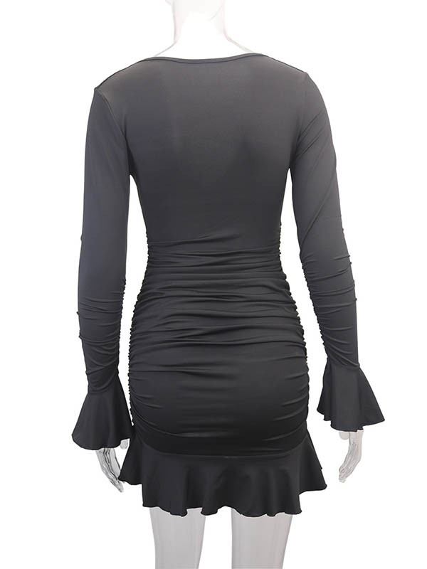 Split-Joint Solid Color Ruffled Pleated Ruffle Sleeves Long Sleeves V-Neck Midi Dresses