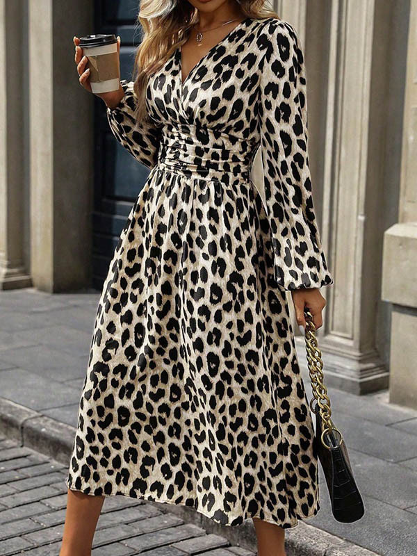 Split-Joint Pleated Leopard Contrast Color Loose Long Sleeves V-Neck Maxi Dresses