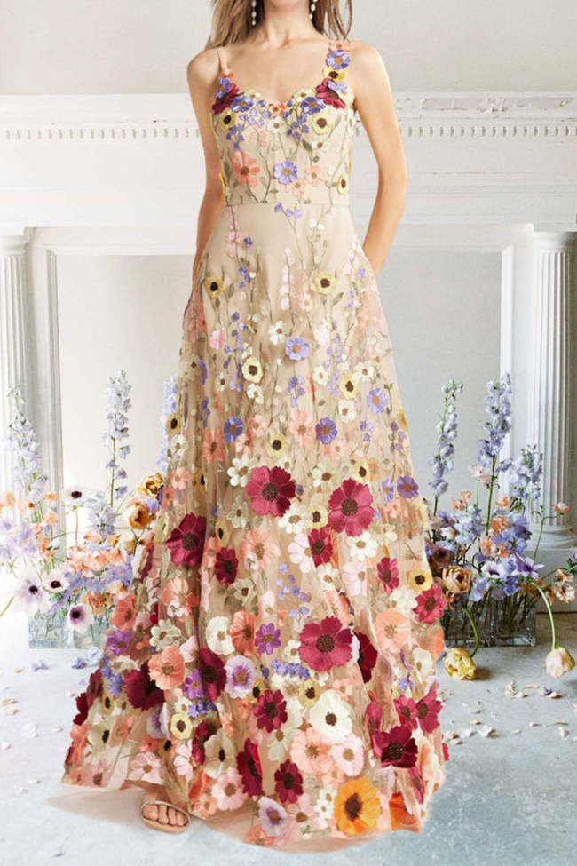 3D Floral Embellished Maxi Dress Suspender  Maxi Dresses