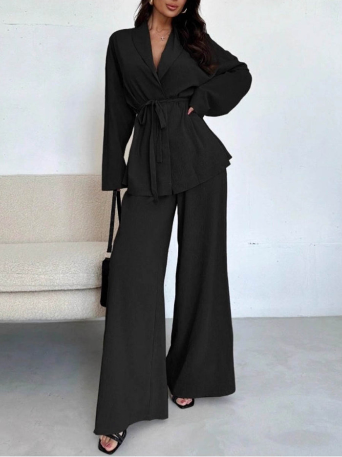 Tied Waist Solid Color Wide Leg Long Sleeves V-Neck Suits