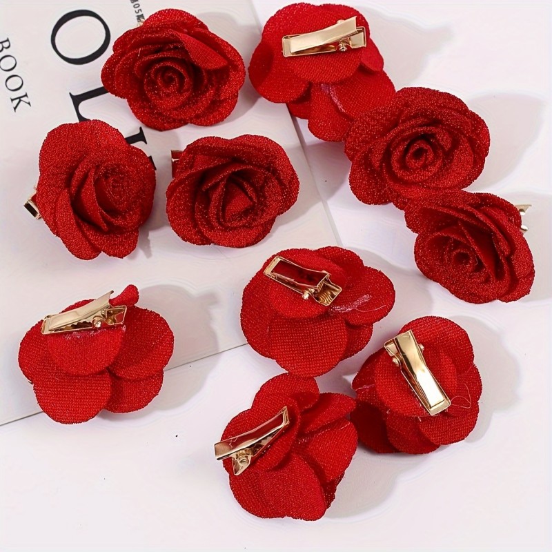 10pcs Women'S Red Fabric Rose Hair Clips Suitable for Valentine'S Day, Parties, Gatherings, Weddings, And Everyday Wear